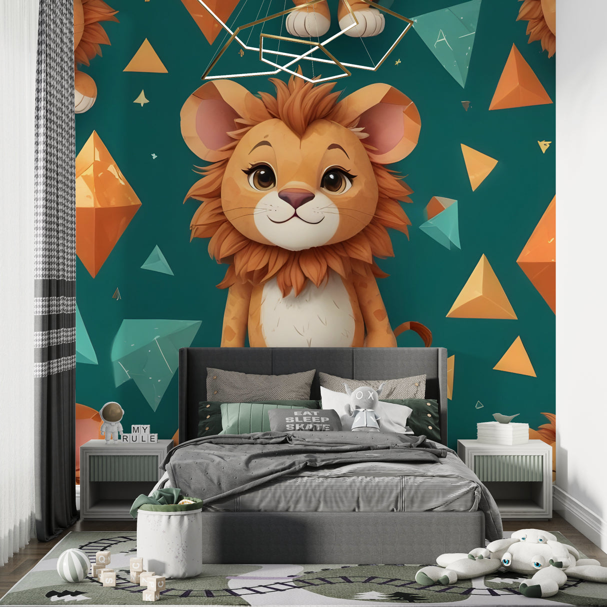 Kids bedroom featuring geometric lion wallpaper with reading nook and natural lighting