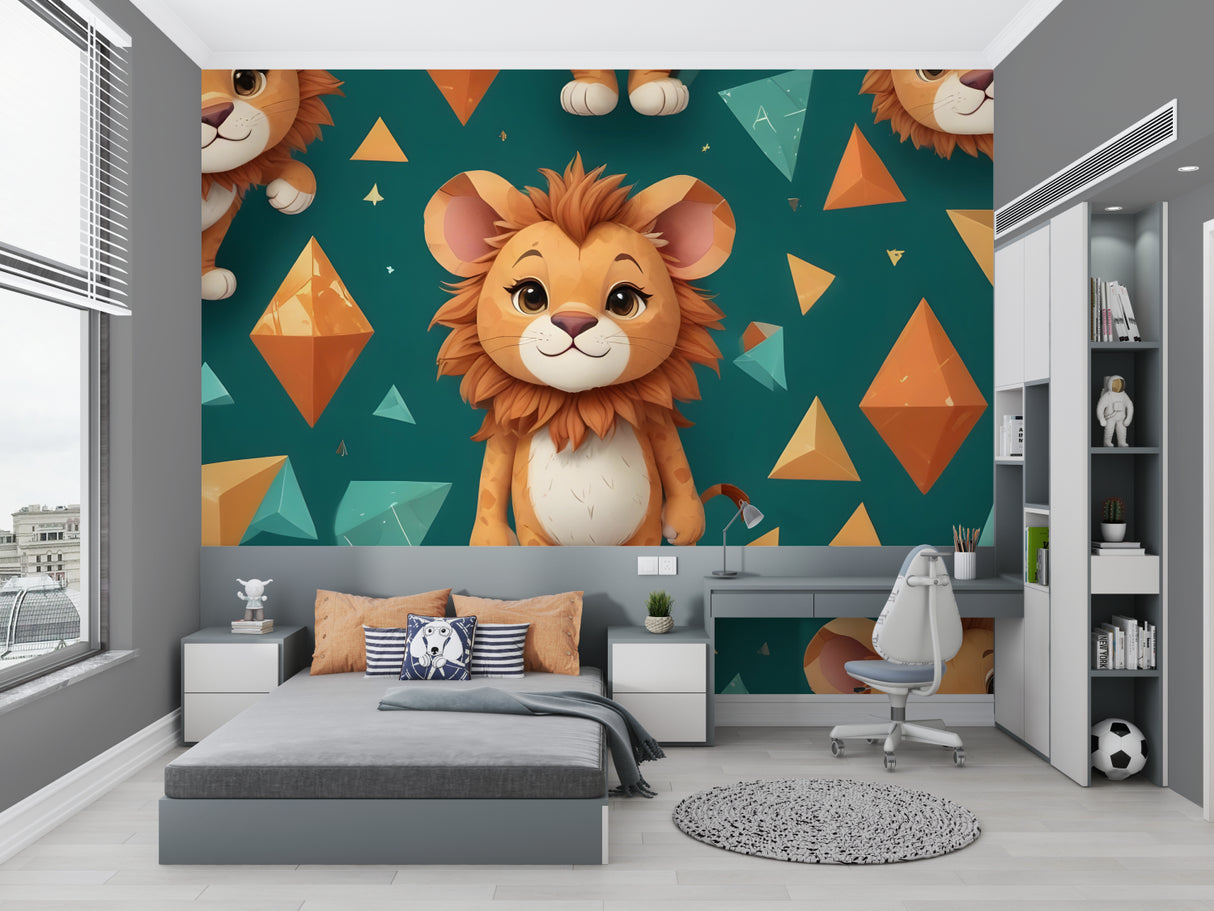 Playroom setup with green geometric lion wallpaper showing full wall application