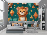 Playroom setup with green geometric lion wallpaper showing full wall application