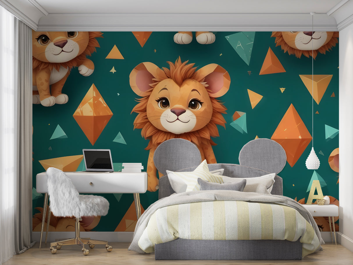 Close-up of lion wallpaper detail in toddler's bedroom showing pattern scale
