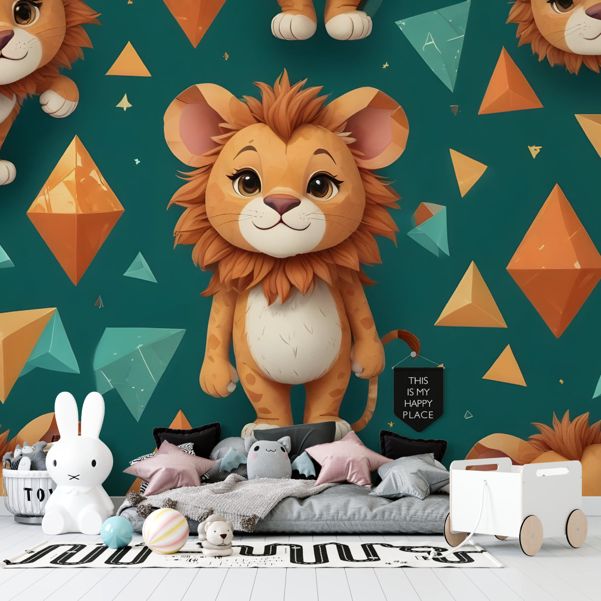 Modern nursery with geometric lion wallpaper showing color coordination with furniture