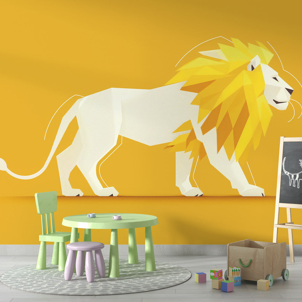 Geometric white and gold lion wallpaper creating a stunning focal point in a modern minimalist living room