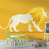 Geometric white and gold lion wallpaper creating a stunning focal point in a modern minimalist living room