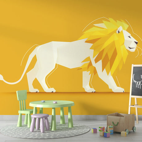 Geometric white and gold lion wallpaper creating a stunning focal point in a modern minimalist living room