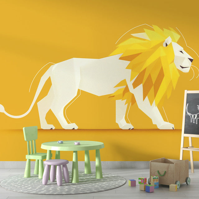 Geometric white and gold lion wallpaper creating a stunning focal point in a modern minimalist living room