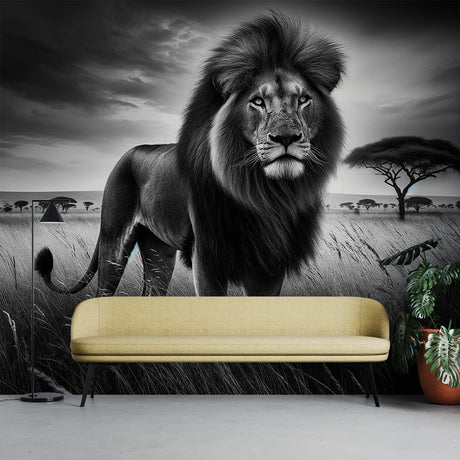 Black and white lion wallpaper creating a dramatic focal point in a modern living room with minimalist furniture