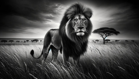 Black and white lion wallpaper design file showing detailed African savanna pattern