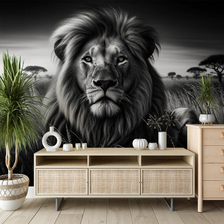 Black and white lion mural wallpaper creating a dramatic focal point in a modern living room with minimal furniture