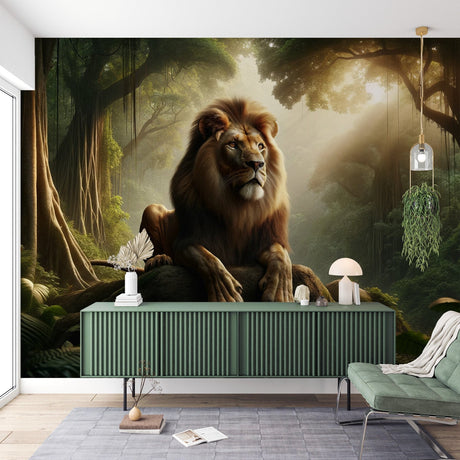 Lion mural wallpaper creating a dramatic focal point in a modern living room with natural light highlighting the jungle scene