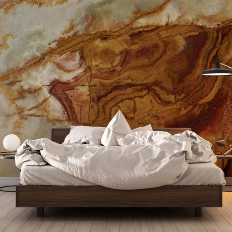 Lion portrait wallpaper creating dramatic impact in modern living room with grey sofa and natural lighting