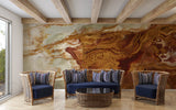 Close-up lion portrait wallpaper making bold statement in minimalist bedroom setting