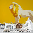 Lion mural wallpaper creating a bold statement in a modern minimalist living room with yellow accents and contemporary furniture