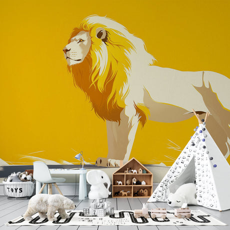Lion mural wallpaper creating a bold statement in a modern minimalist living room with yellow accents and contemporary furniture