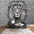 Black and white lion mural wallpaper creating drama in modern living room with grey sofa and minimal decor