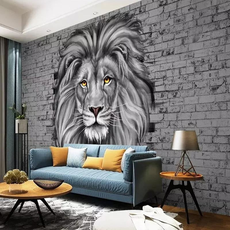 Monochrome lion portrait wallpaper making statement in industrial-style office space