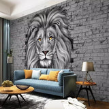Monochrome lion portrait wallpaper making statement in industrial-style office space