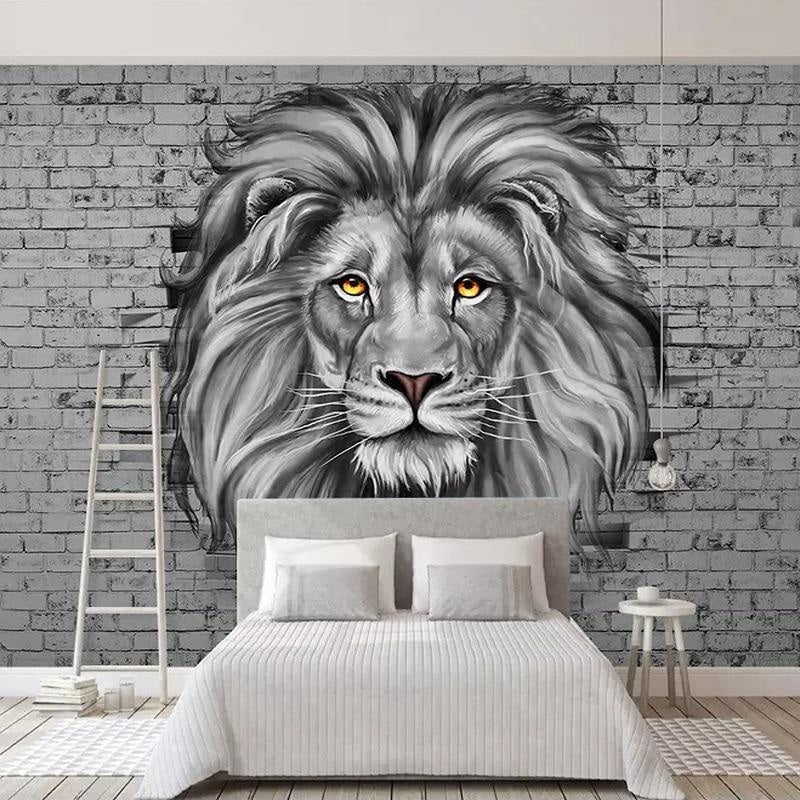 Lion wall mural with brick texture adding depth to contemporary dining room setting