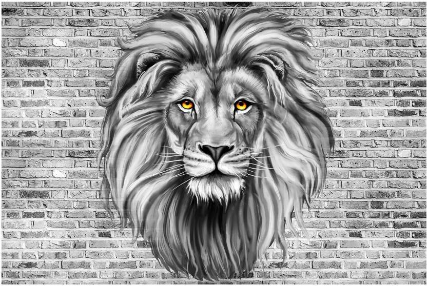 Lion mural wallpaper design file showing detailed monochrome portrait against textured grey brick background