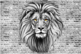 Lion mural wallpaper design file showing detailed monochrome portrait against textured grey brick background