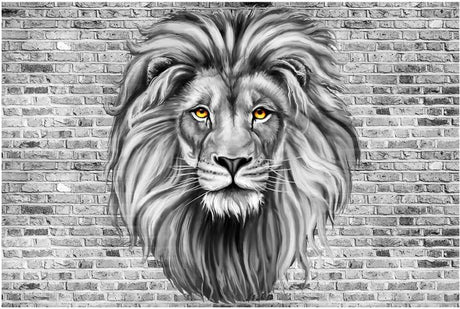 Lion mural wallpaper design file showing detailed monochrome portrait against textured grey brick background