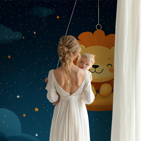 Lion kids wallpaper styled in modern nursery with soft lighting showing the magical starry night effect