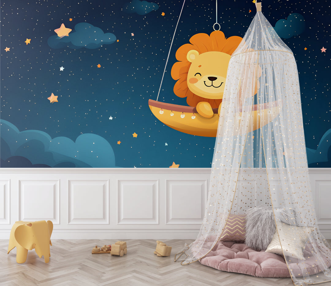 Night sky lion mural in child's bedroom with reading nook showing scale and coziness