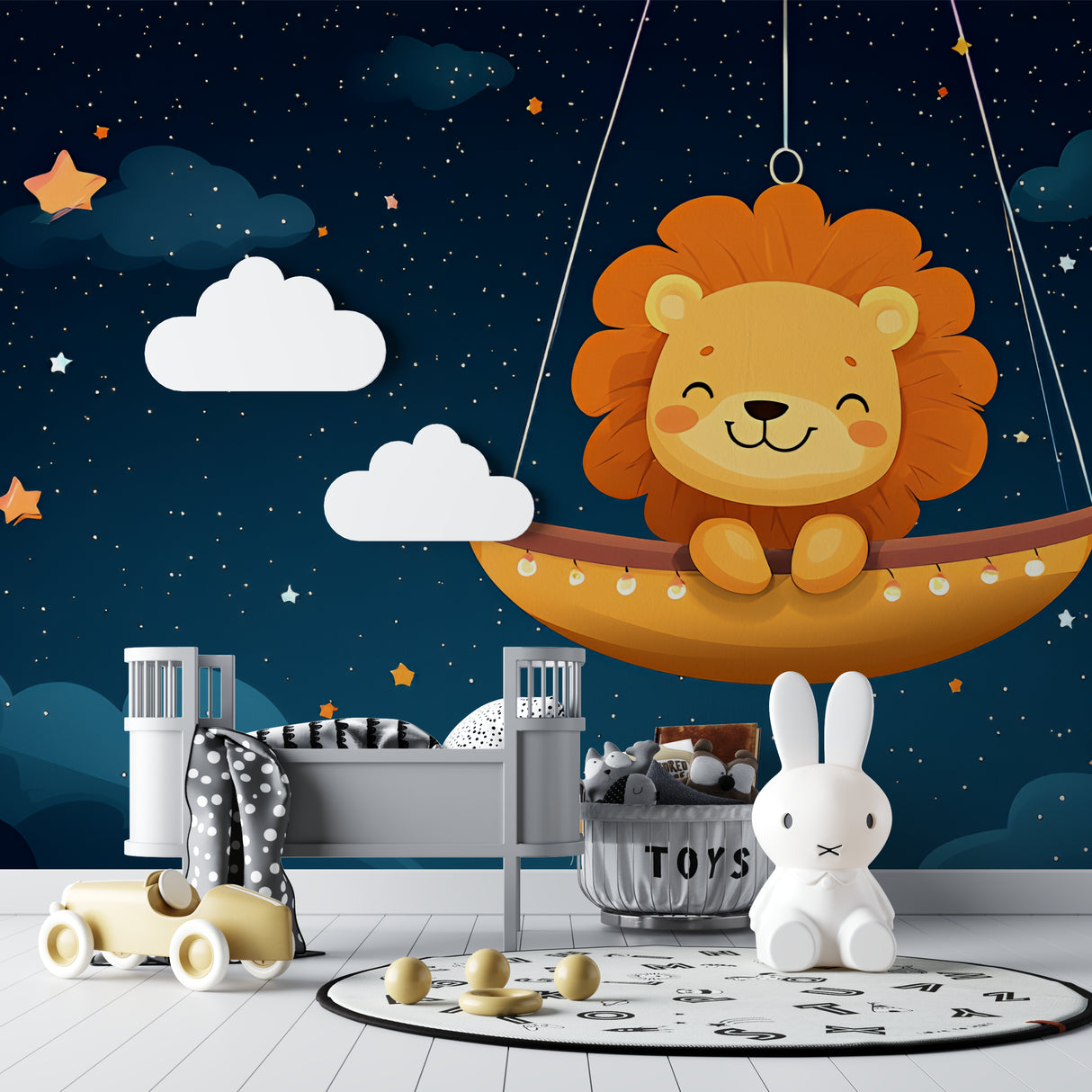Kids lion wallpaper in playroom setting highlighting the golden stars and dreamy clouds