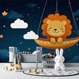 Kids lion wallpaper in playroom setting highlighting the golden stars and dreamy clouds