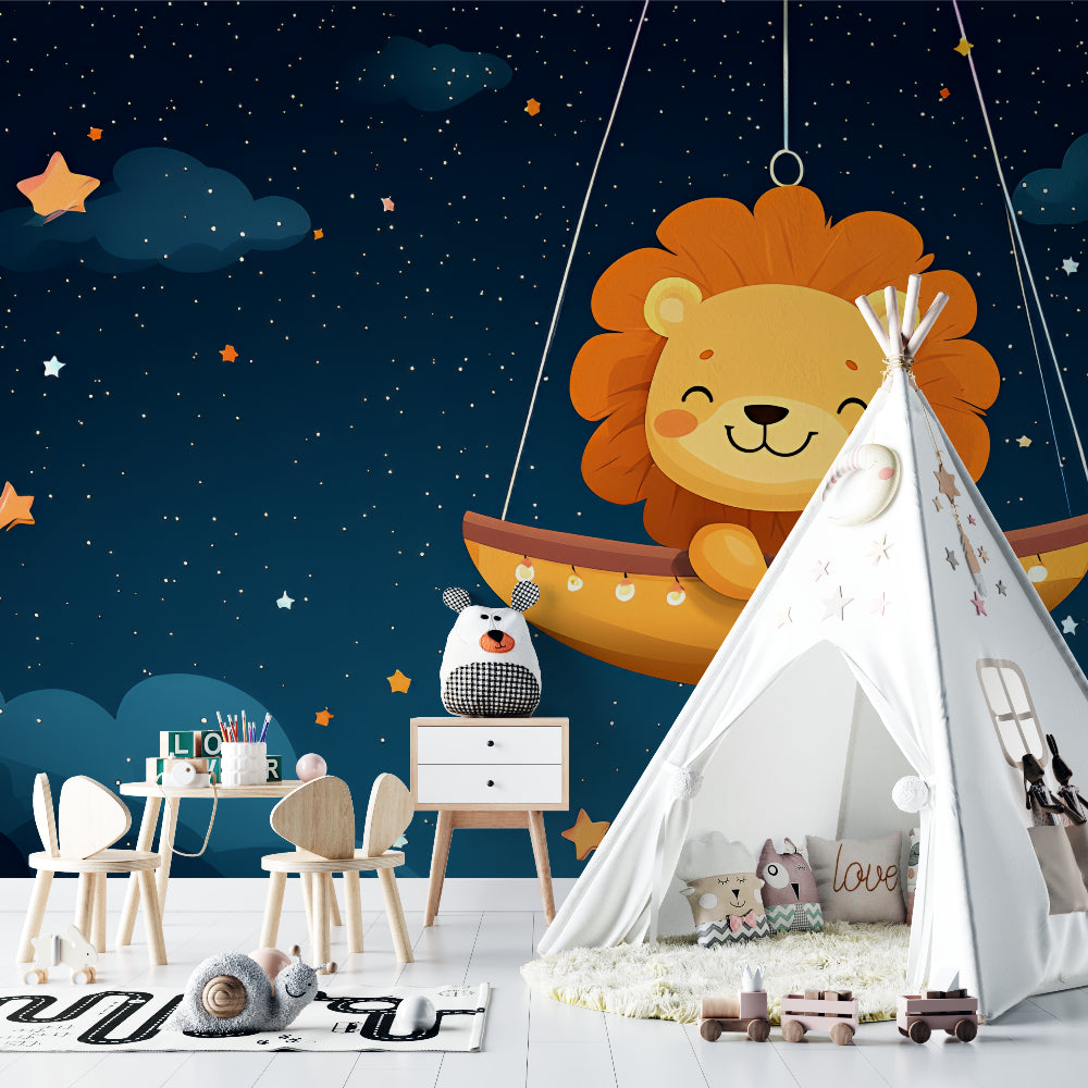 Lion wall mural in baby room showing peaceful nighttime atmosphere