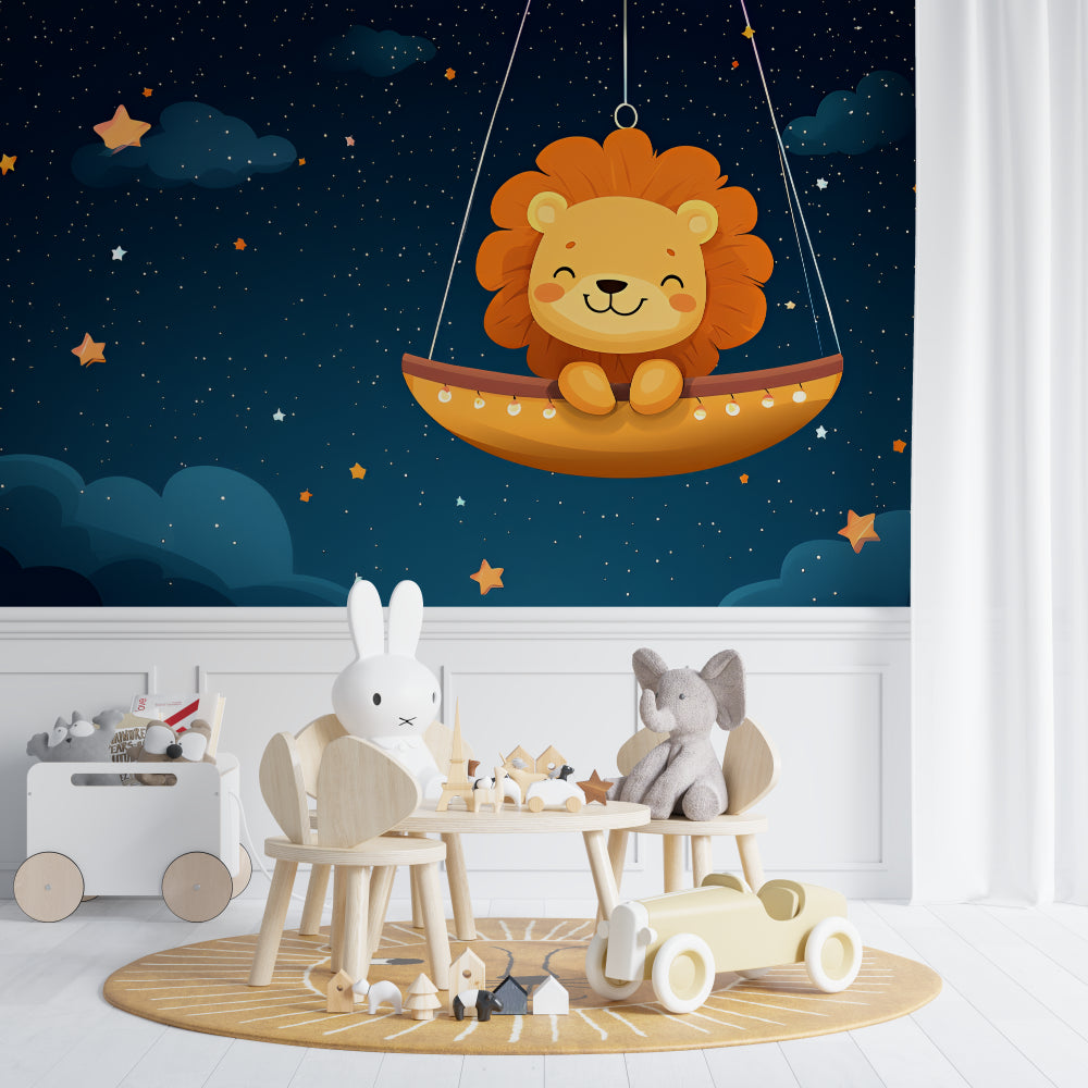 Starry lion wallpaper in toddler bedroom demonstrating the calming effect