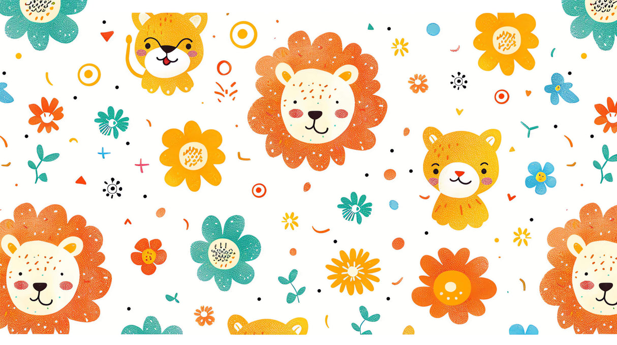 Design file of lion and flowers pattern with turquoise and orange blooms