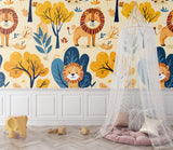 Playful Lion Wallpaper in bright playroom setting with wooden toys