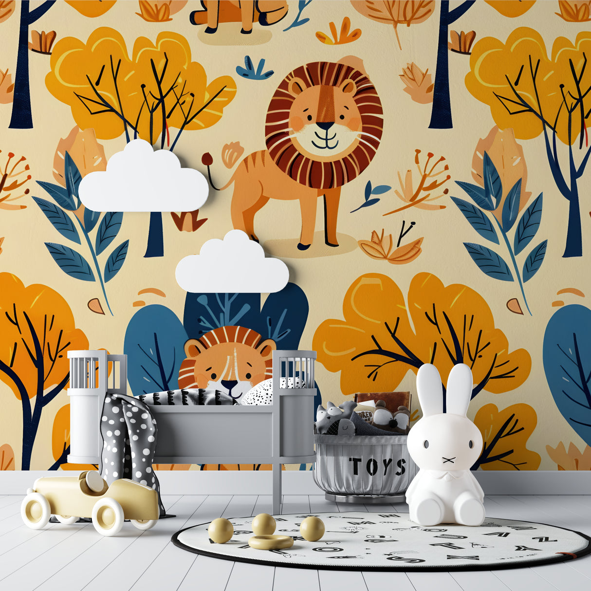 Lion Wall Mural in minimalist kids bedroom with natural decor