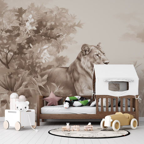 Lion wallpaper mural styled in modern living room with neutral furniture