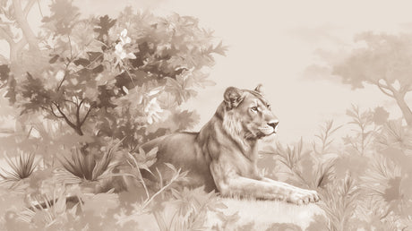 Sepia lion wall mural in cozy bedroom setting with warm lighting