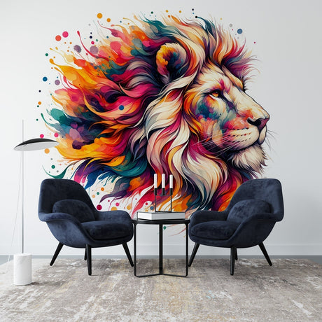 Watercolor lion mural wallpaper creating a bold artistic statement in a modern living room with natural lighting