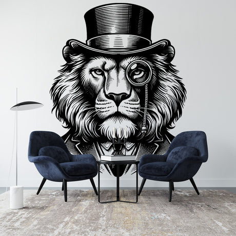 Black and white lion wallpaper with gentleman style shown in a modern office space, creating an eye-catching feature wall