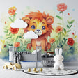 Lion garden wallpaper in bright nursery with white furniture showing sweet watercolor design