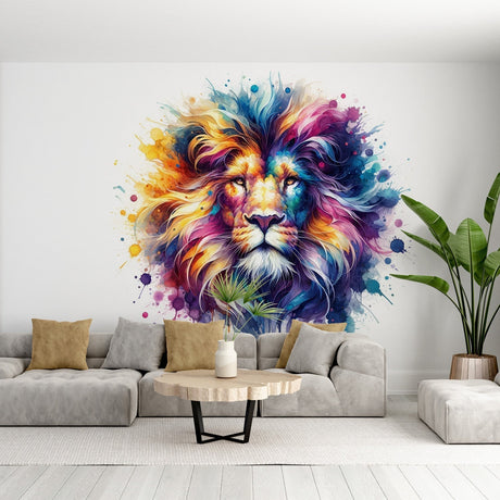 Rainbow Lion Watercolor Wallpaper creating a stunning focal point in modern living room with white furniture