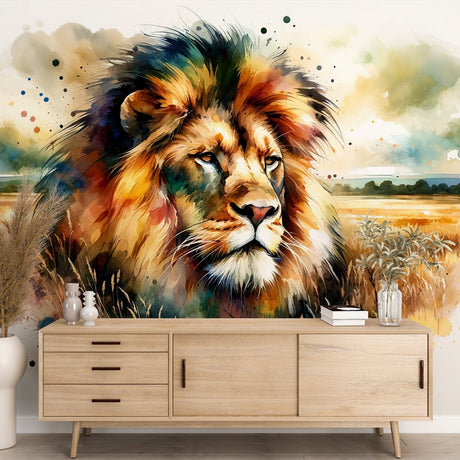 Watercolor Lion Mural Wallpaper creating a stunning focal point in a modern living room with earth-toned furniture