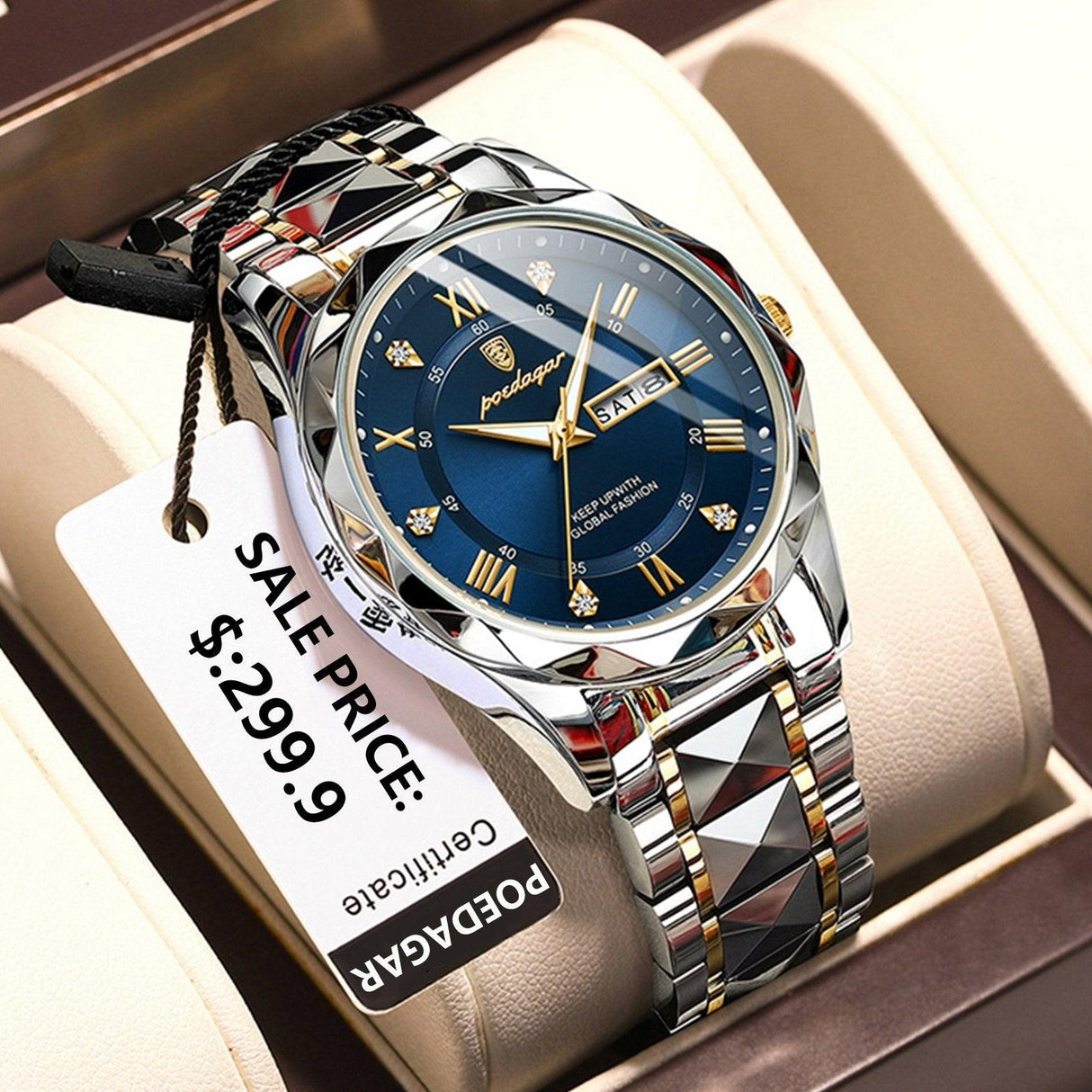 Luxury Steel Watch  Blue Dial Roman Numerals - Product detail 4