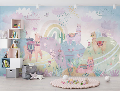 Llama wallpaper mural bringing charm to a bright nursery, with soft pastel rainbow colors creating a peaceful atmosphere