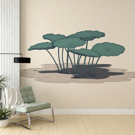 Lotus leaf wallpaper creating zen atmosphere in modern living room with minimalist furniture and natural light