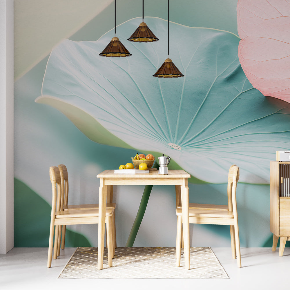 Lotus leaf wallpaper creating a serene atmosphere in a modern living room with soft turquoise and pink tones