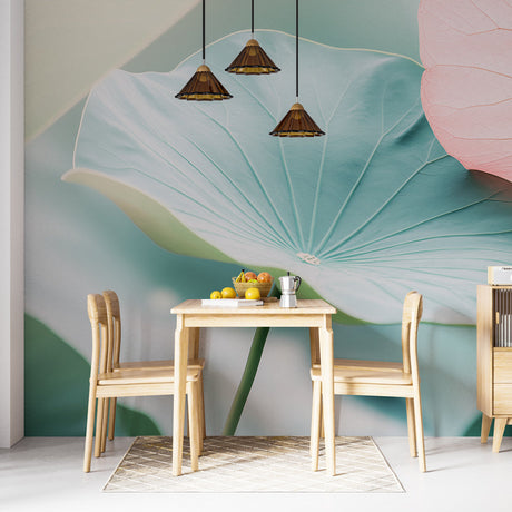 Lotus leaf wallpaper creating a serene atmosphere in a modern living room with soft turquoise and pink tones