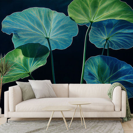 Lotus leaf wallpaper creating a calm atmosphere in a modern living room with blue and green botanical pattern