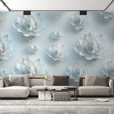 3D white lotus wallpaper mural creating a serene atmosphere in a modern living room with natural light