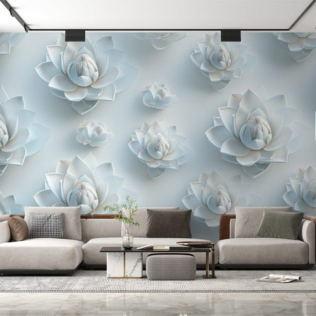 3D white lotus wallpaper mural creating a serene atmosphere in a modern living room with natural light