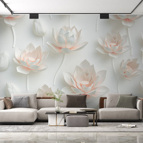 Lotus 3D relief wallpaper creating serene atmosphere in modern white bedroom with natural light highlighting the floral details