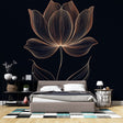 Luxury black and gold Lotus Line Art Wallpaper creating a stunning accent wall in a modern living room with mood lighting